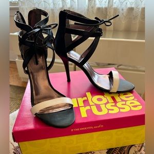 Charlotte Russe Black and White Strappy Heels Zipper Laces Size 8 Vegan Zip